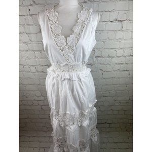 Boston Proper V Neck White Sleeveless Long Dress Lace Floral Cut Outs 8